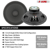 5 Core 12 Inch Speaker Pair 200W PA DJ Loudspeaker 8 Ohm Replacement Driver w 30 Oz Magnet