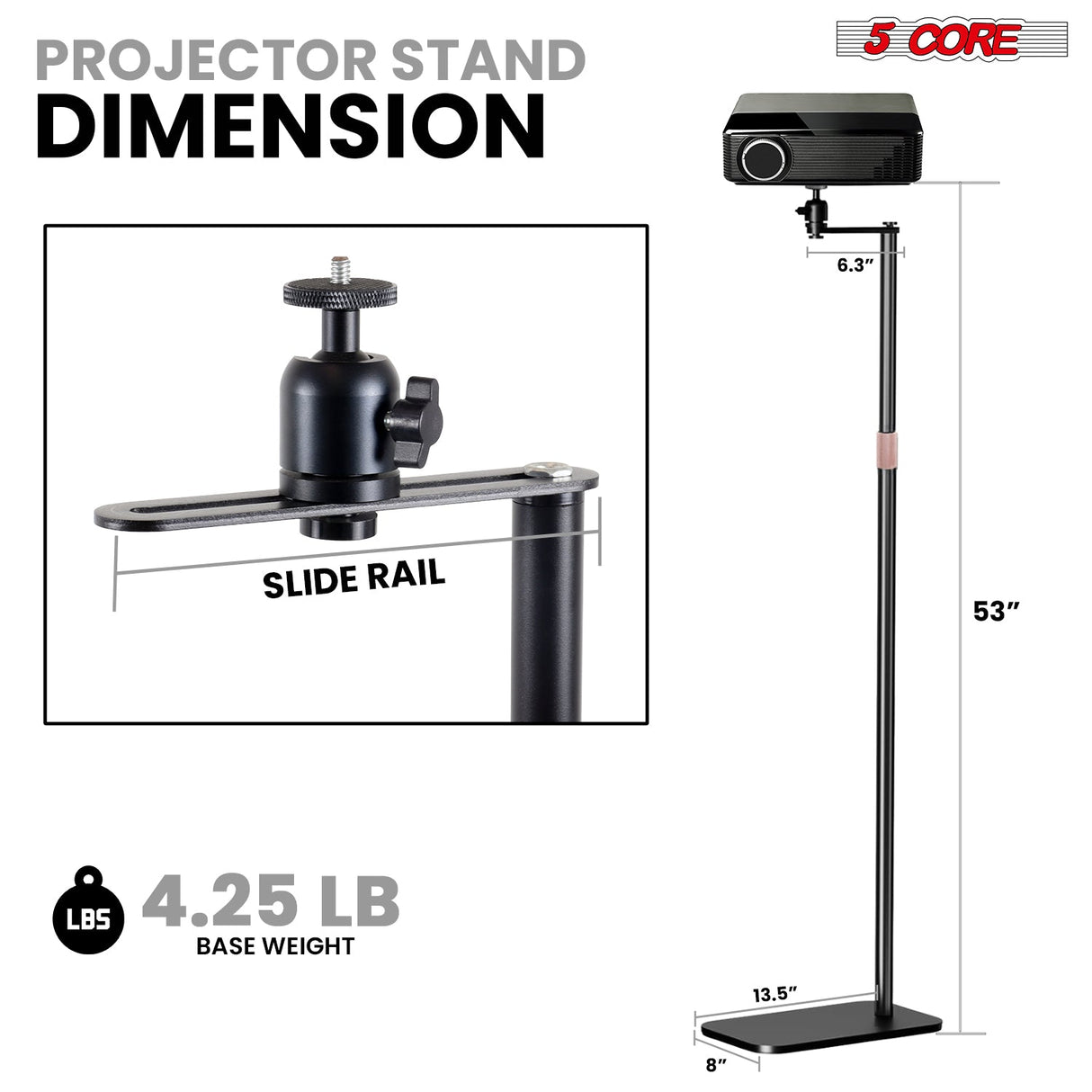 5 Core Projector Stand Floor Adjustable 53" Universal Projectors Support for Home Office & Studio