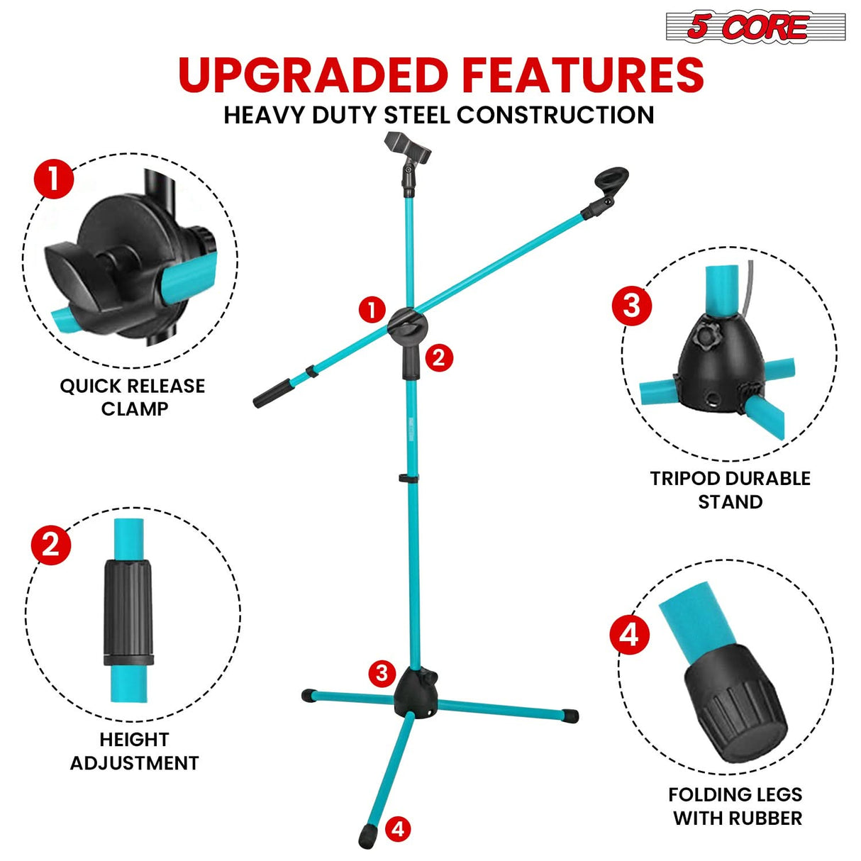 5 Core Mic Stand Floor Height Adjustable Tripod Microphone Stands w Extending Telescoping Boom Arm