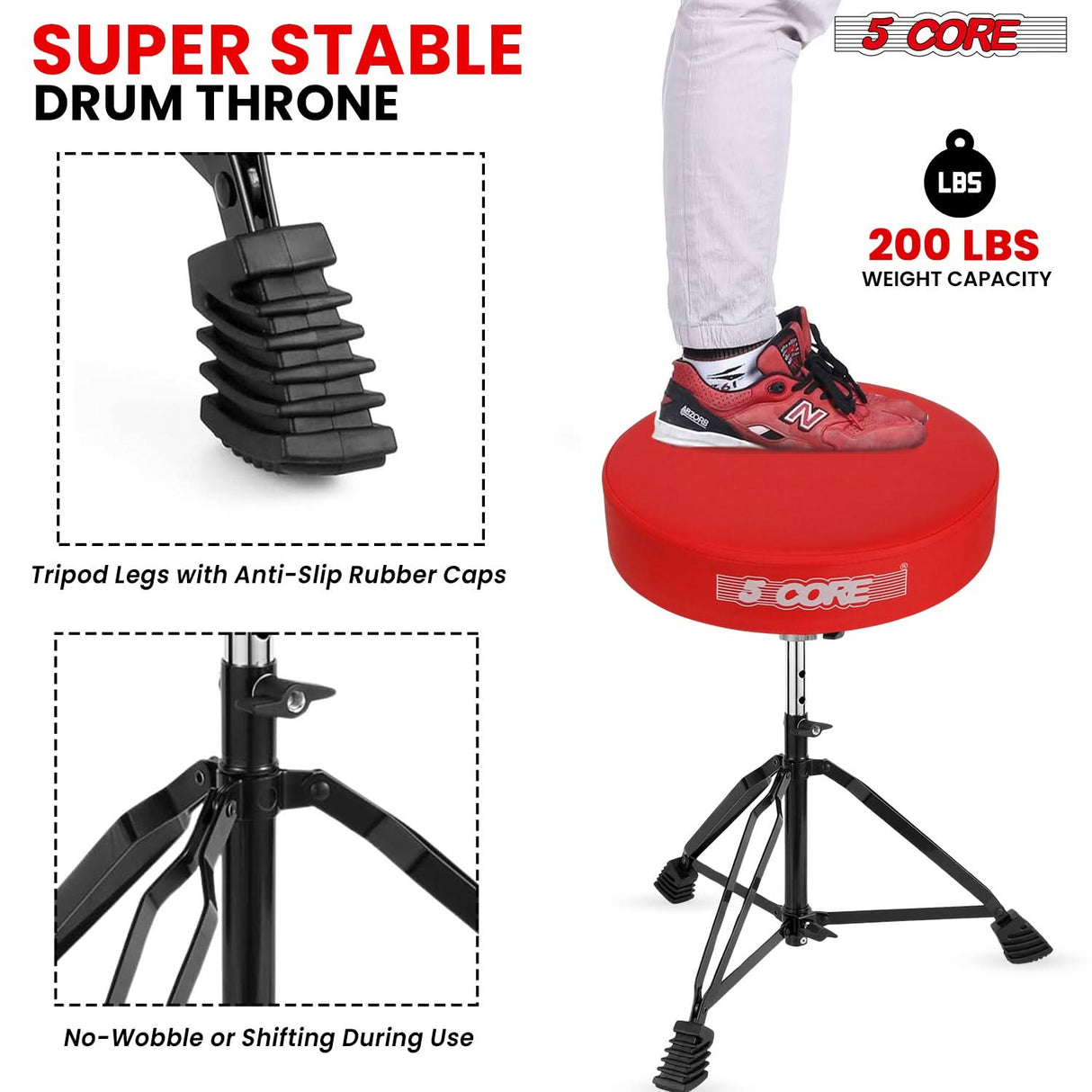 5 Core Drum Throne 3" Padded Drum Seat Height Adjustable Drumming Chair for Practice and Performance
