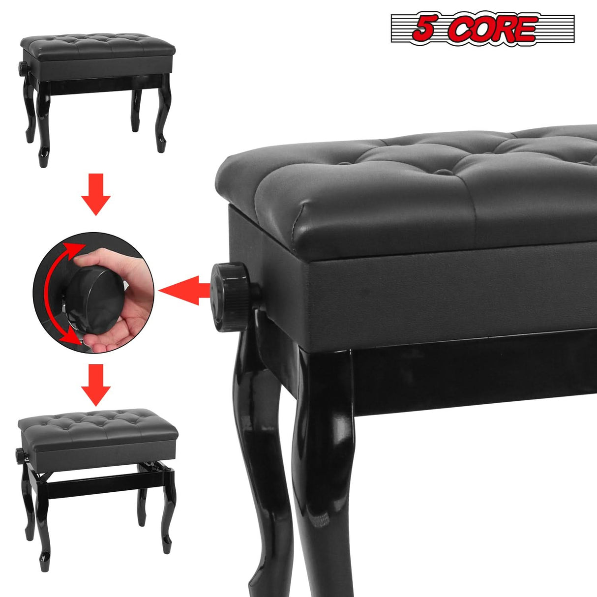 5 Core Piano Bench 3" Padded Cushioned Stool Wooden Heavy Duty Adjustable Musician Chair w Storage