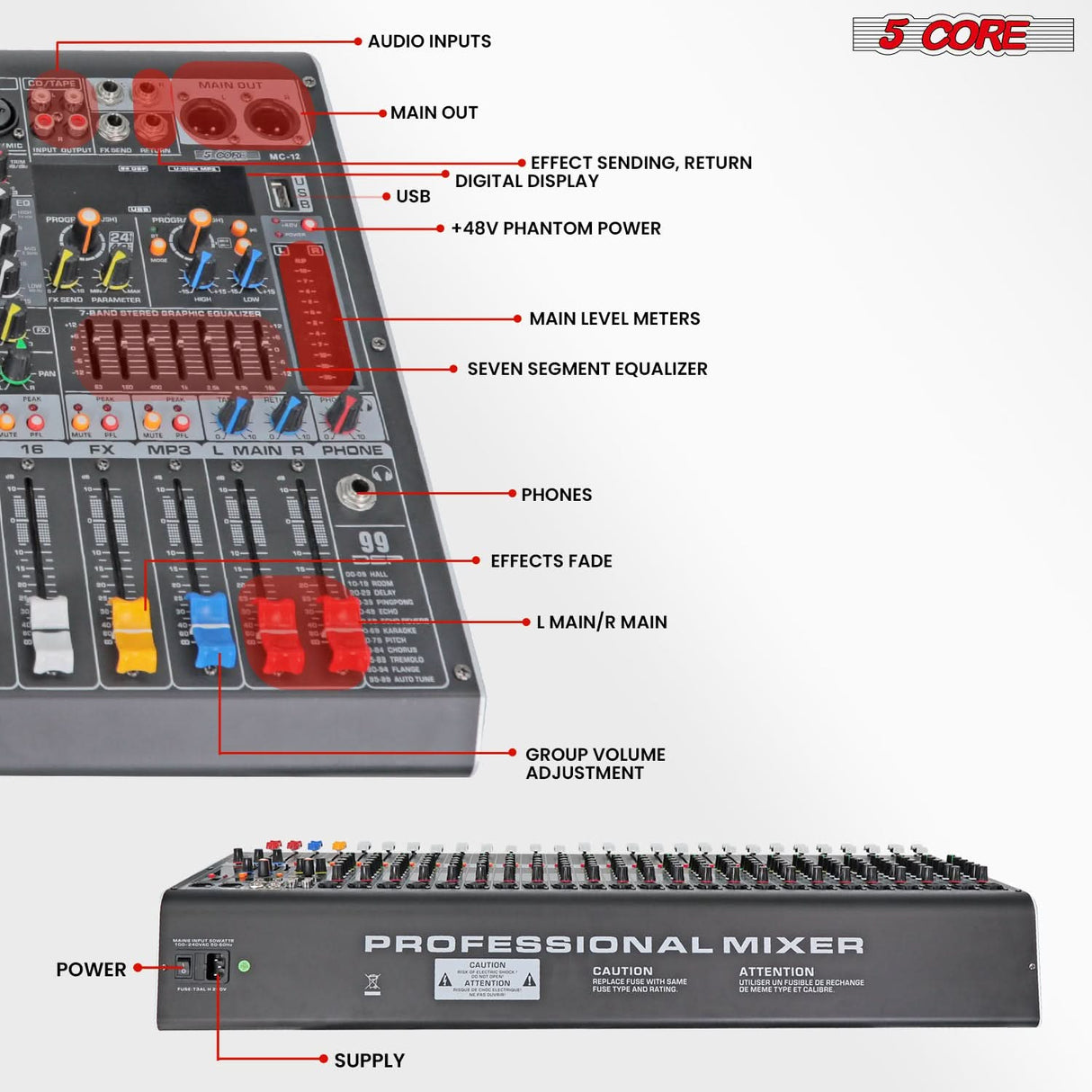 5 Core Audio Mixer 12 Channel DJ Soundboard USB Interface Bluetooth Mixing Console w 99 DSP Effect