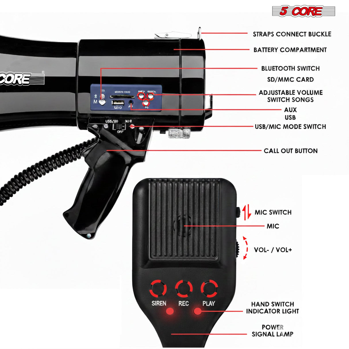 5 Core Megaphone 50W Bluetooth Rechargeable Bullhorn 1100 Yards Loud Siren w LED/USB/SD/AUX