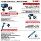 5 Core Drum Microphone Kit 9Pc All Metal Drummer Mics Tom/Snare & Cymbals Wired Instrument Drums Set
