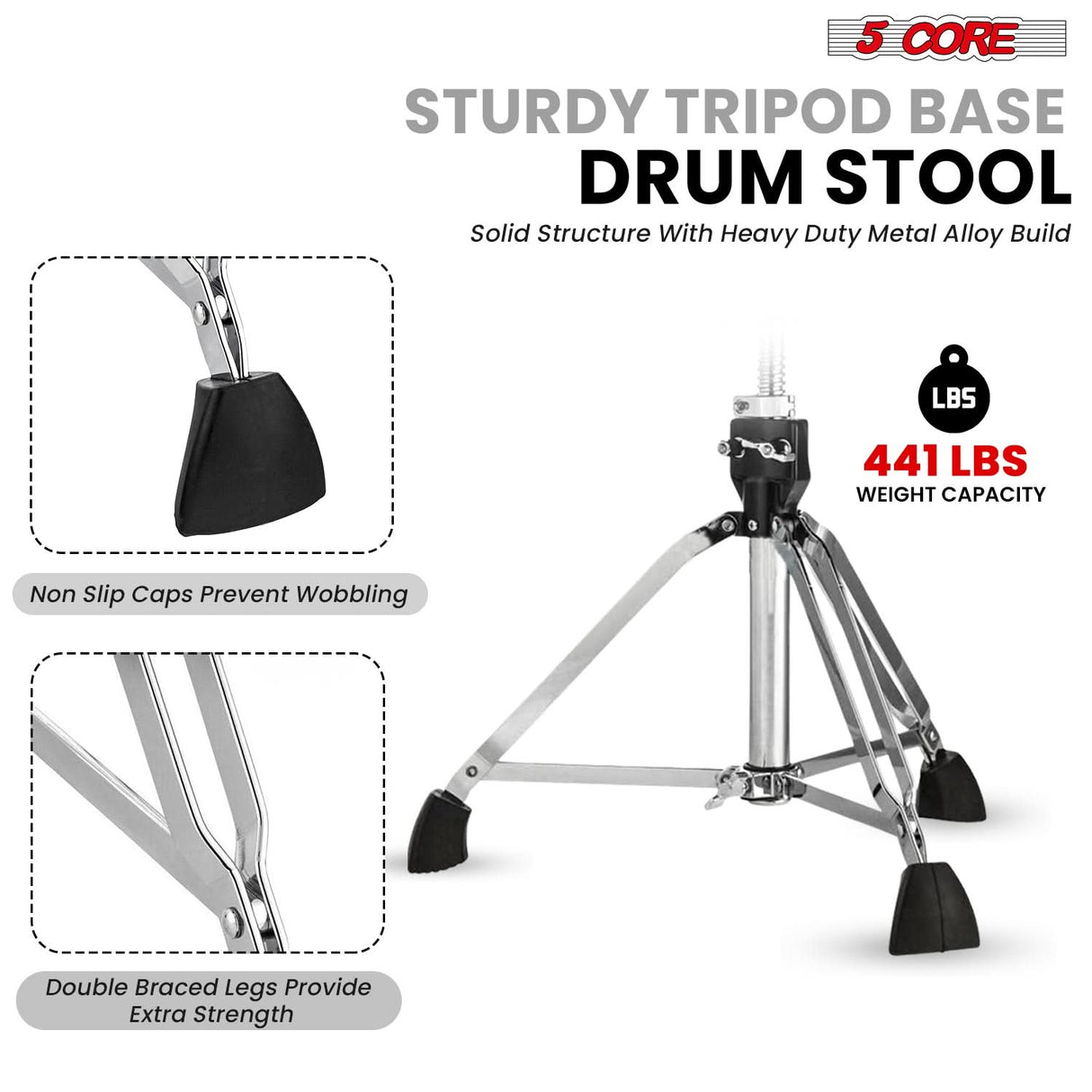 5 Core Drum Throne w Backrest 4" Padded Adjustable 26.5" Drummer Stool w Velvet Top 441Lb Capacity