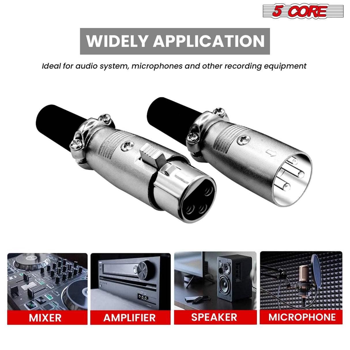 5Core XLR Connector Male Female to 1/4 Audio Jack 3 Pin Secure Mic Plug w Locking Ends