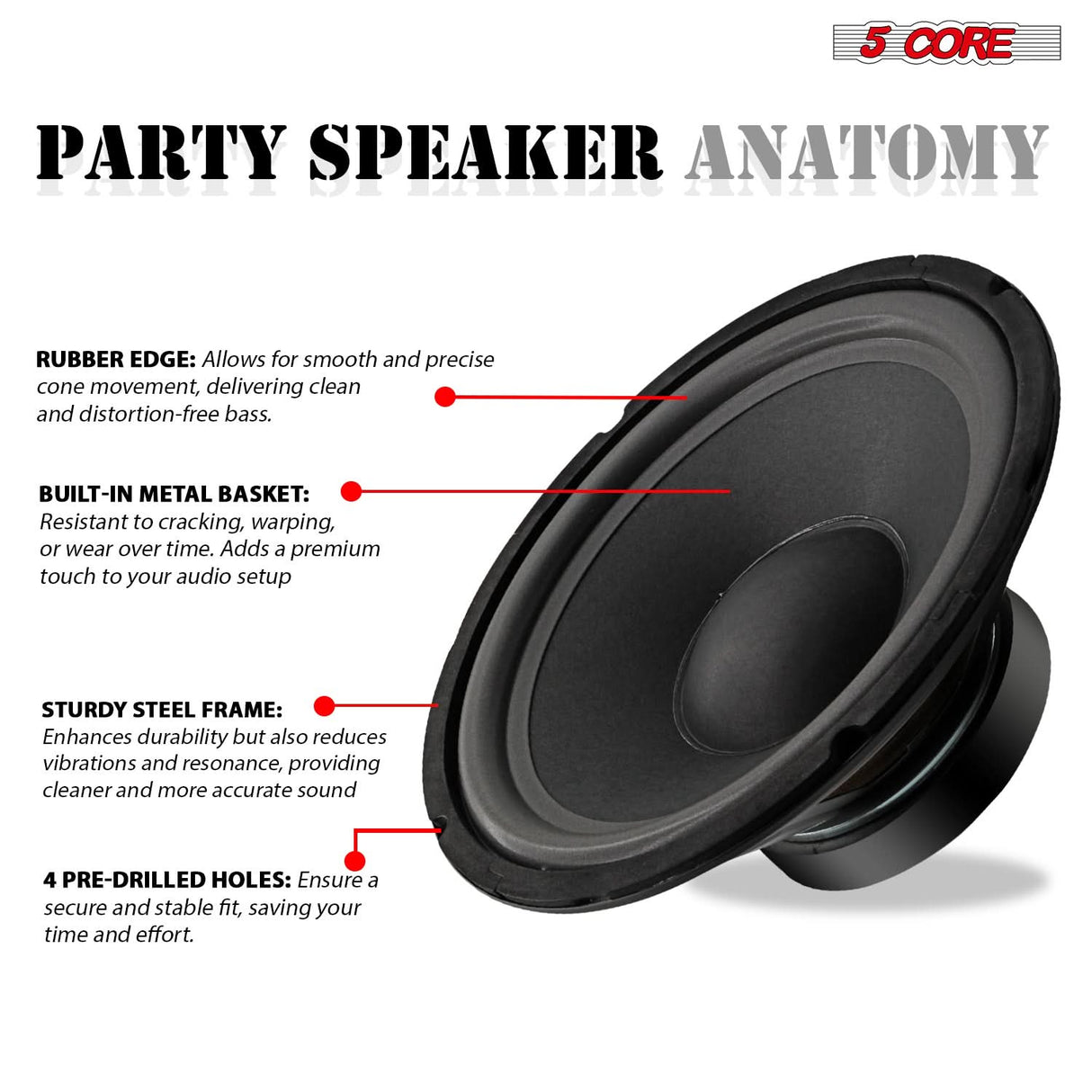 5 Core 10 Inch Guitar Speaker Replacement 600W 4 Ohm for Amplifier Cabinets