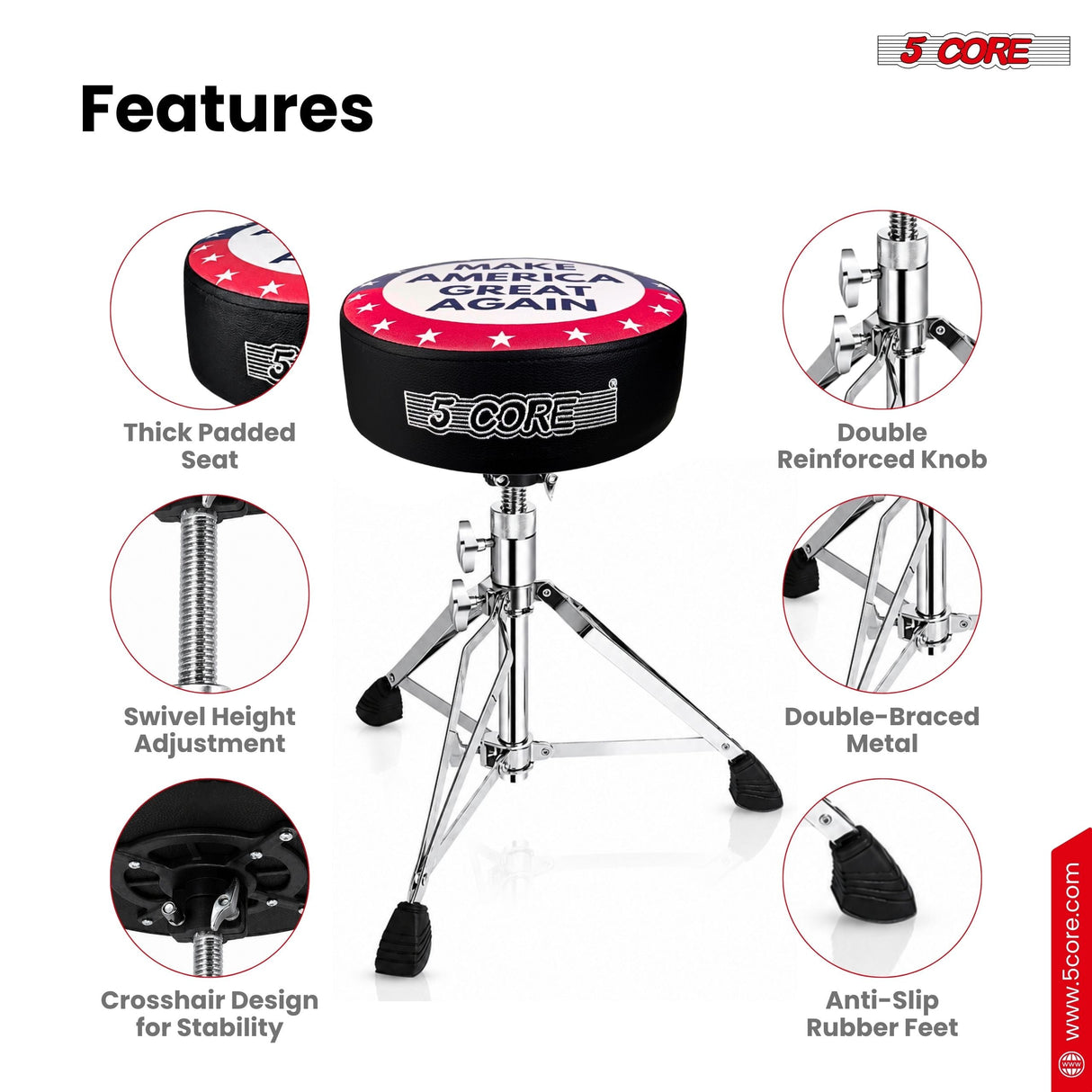 5 Core Drum Throne 4" Padded 23" Adjustable Drummer Stool Seat w Make America Great Again Insignia