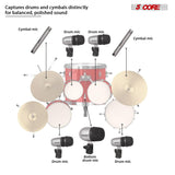 5 Core Drum Microphone Kit 7Pc All Metal Drummer Mics Tom/Snare & Cymbals Wired Instrument Drums Set