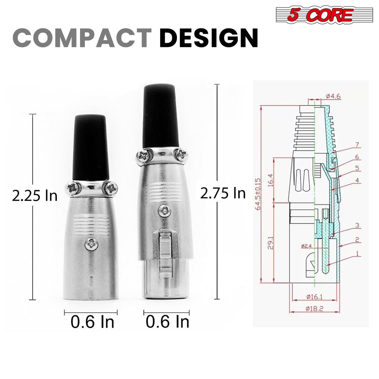 5Core XLR Connector Male Female to 1/4 Audio Jack 3 Pin Secure Mic Plug w Locking Ends