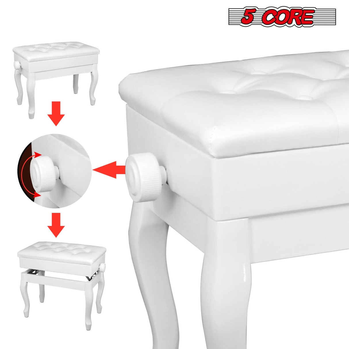 5 Core Piano Bench 3" Padded Cushioned Stool Wooden Heavy Duty Adjustable Musician Chair w Storage
