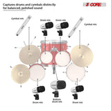 5 Core Drum Microphone Kit 7Pc All Metal Drummer Mics Tom/Snare & Cymbals Wired Instrument Drums Set