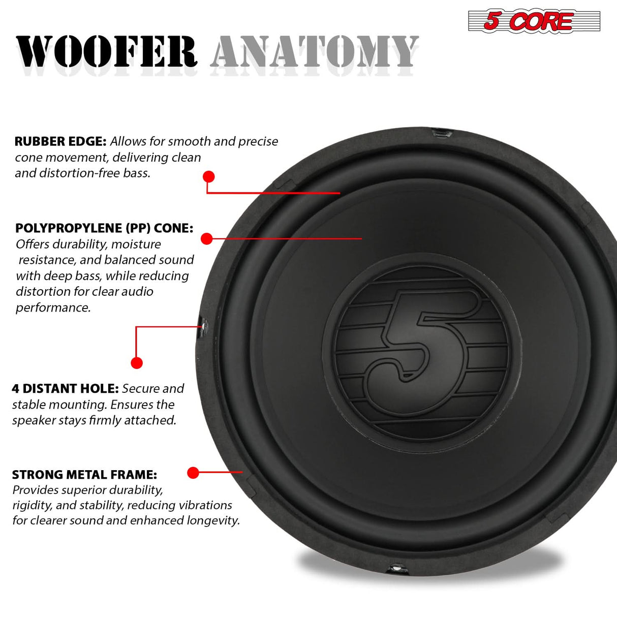 5 Core 10 Inch Woofer Pair 300W Car Subwoofer 4Ohm Replacement Deep Sub w Poly Cone