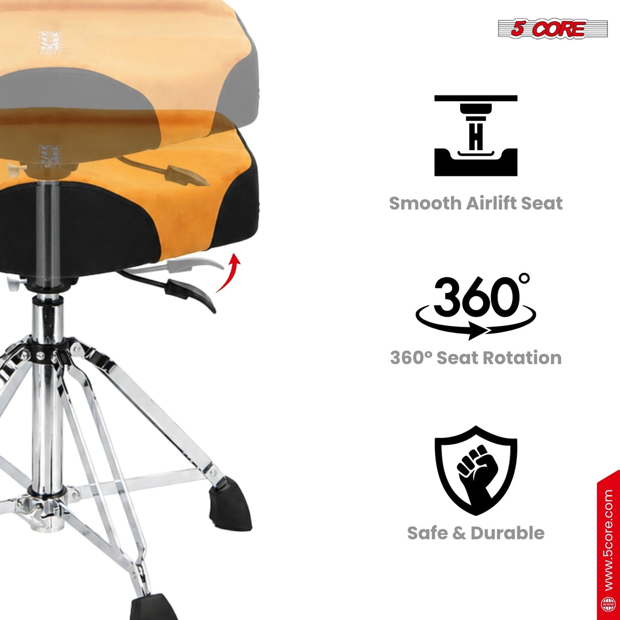 5 Core Drum Throne w Backrest 4" Padded Stool Airlift Adjustable Drummer Chair