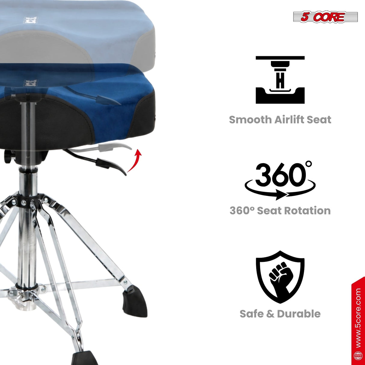 5 Core Drum Throne w Backrest 4" Padded Stool Airlift Adjustable Drummer Chair