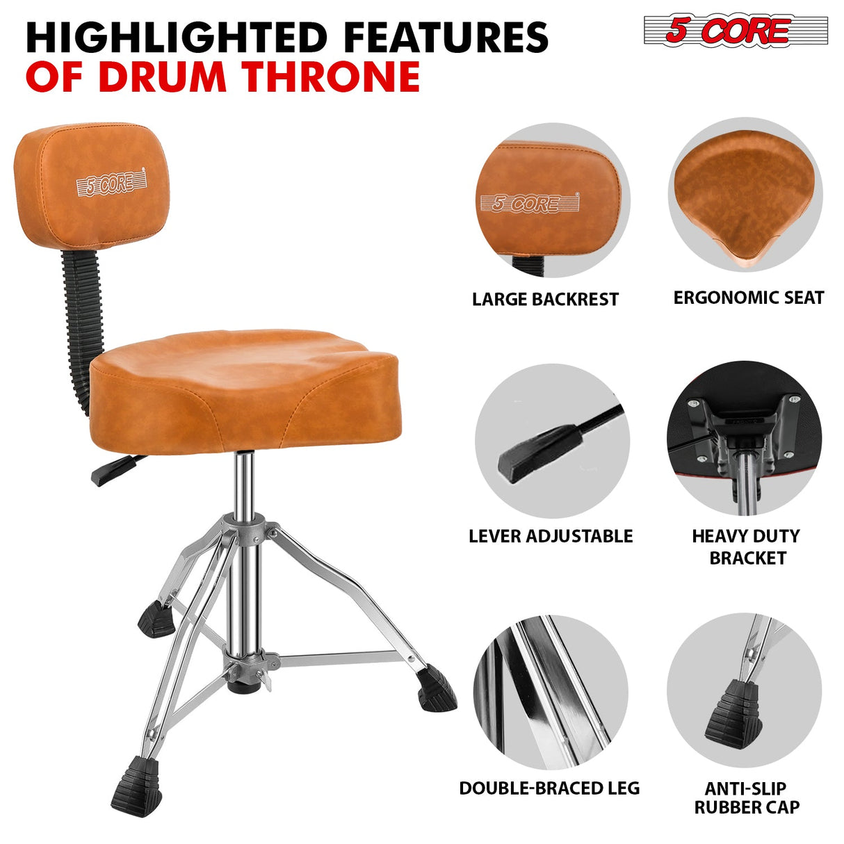 5Core Drum Throne 4" Cushion Padded Stool w Backrest Airlift Height Adjustable Chair w 441Lb Capcity