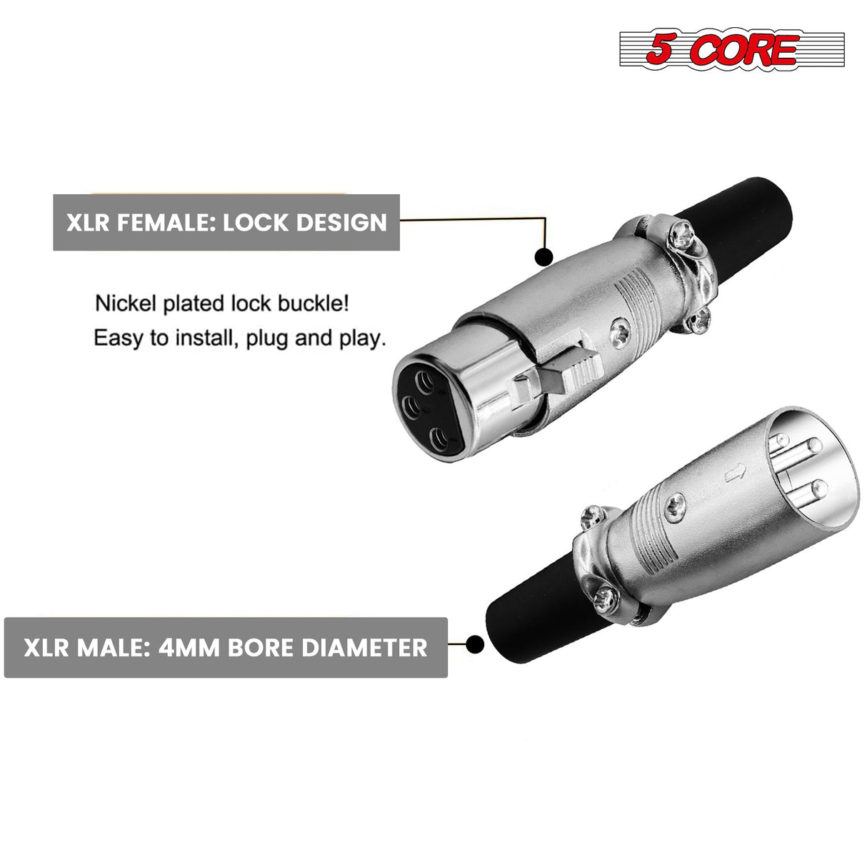 5Core XLR Connector Male Female to 1/4 Audio Jack 3 Pin Secure Mic Plug w Locking Ends
