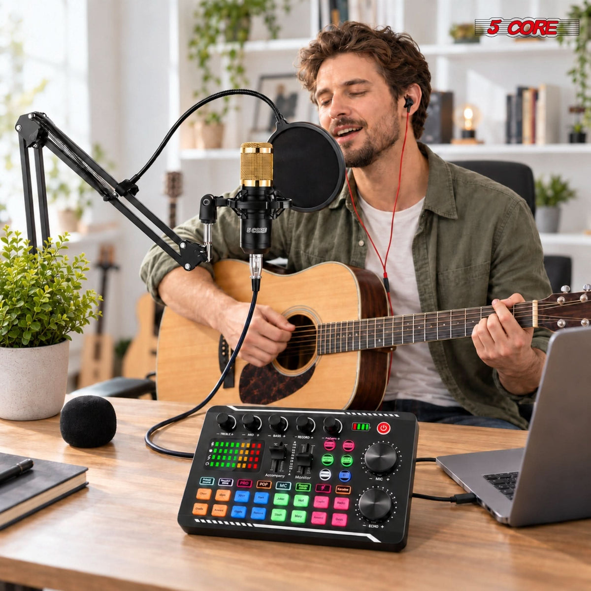 5 Core Podcast Equipment Bundle w Condenser Mic Voice Changer Audio Mixer