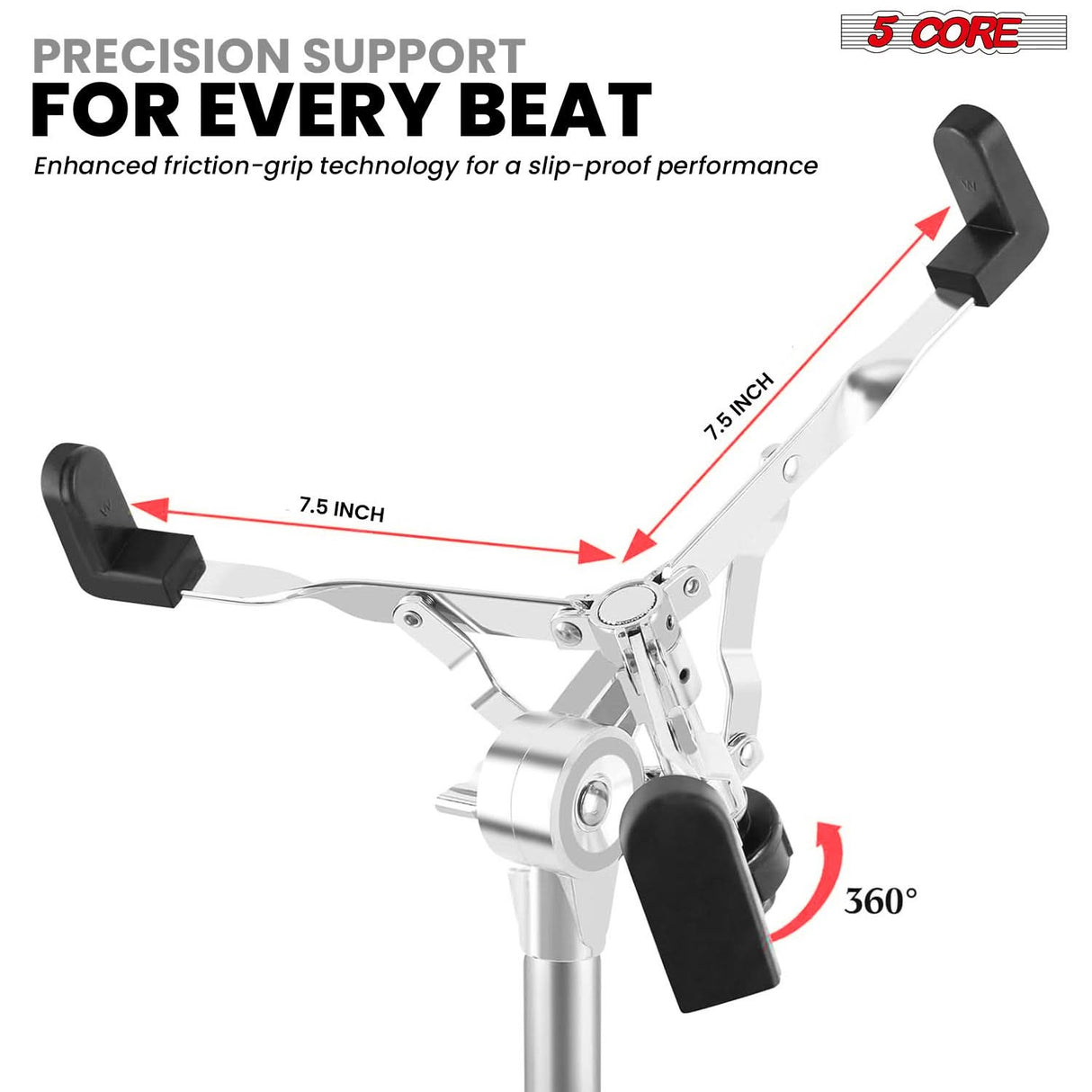 5 Core Snare Drum Stand w Drum Sticks Holder Double Braced Heavy Duty Tripod Stand Adjustable 22"