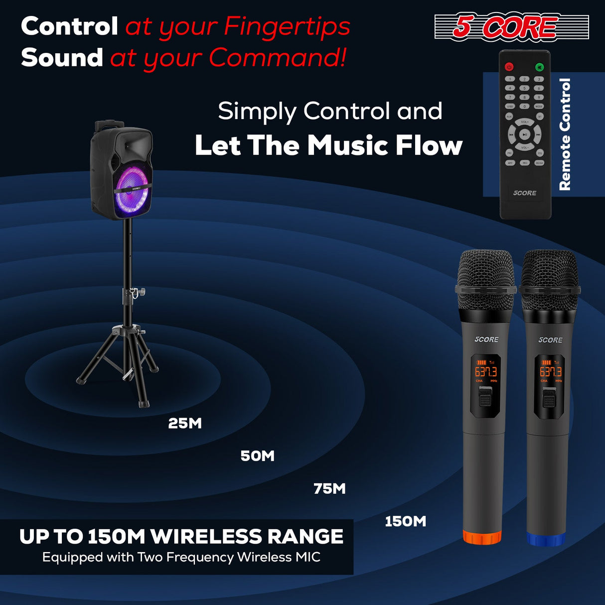 5Core 8 inch PA Portable Bluetooth Party Speaker Karaoke Boombox + 2 Wireless Mics 2 Pieces