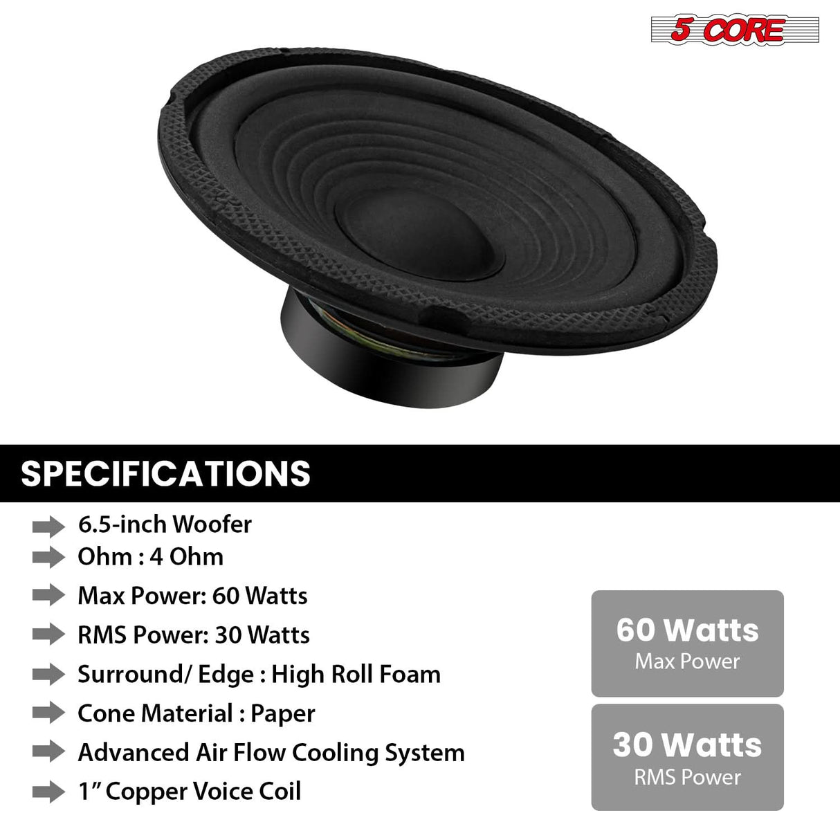 5 Core 6.5 Inch Subwoofer 300W Car Audio Sub Woofer 4 Ohm Deep Bass Replacement Loud Speaker