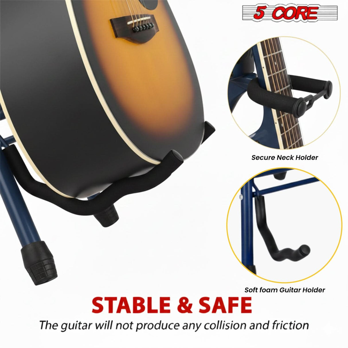 5Core Guitar Stool 3.15" Padded Chair w Backrest Foldable Music Seat Built in Foot Rest Guitar Stand