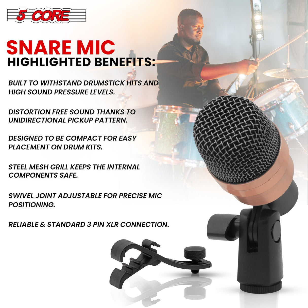 5 Core Snare Microphone XLR Wired Uni Directional Tom Drum and Other Musical Instrument Mic COPPER