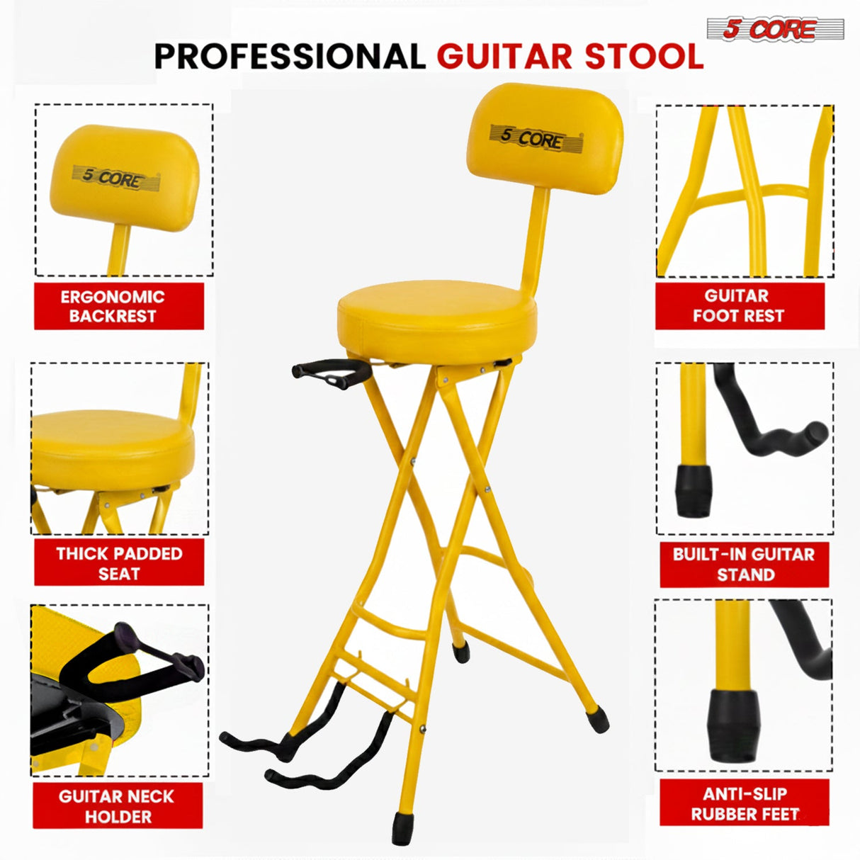 5 Core Guitar Stool w Backrest 3.15" Padded Chair Foldable Music Seat Built in Foot Rest Guitar Stand