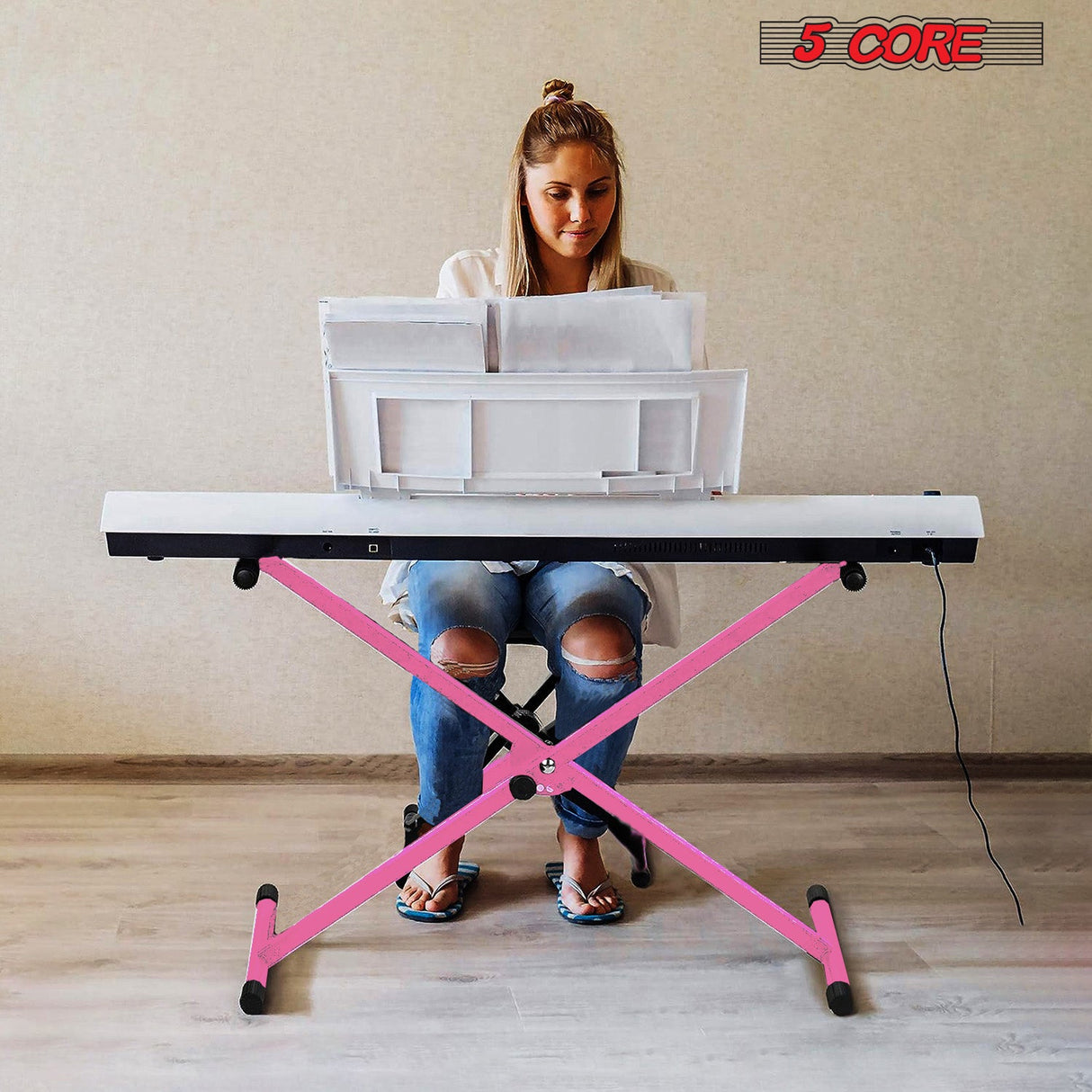 5Core Keyboard Stand Single X Style Adjustable Lift Piano Riser For 49 To 88 Keys PINK