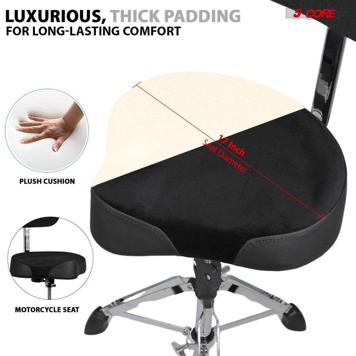 5 Core Drum Throne w Backrest 4" Padded Adjustable 26.5" Drummer Chair w Velvet Top 441Lb Capacity