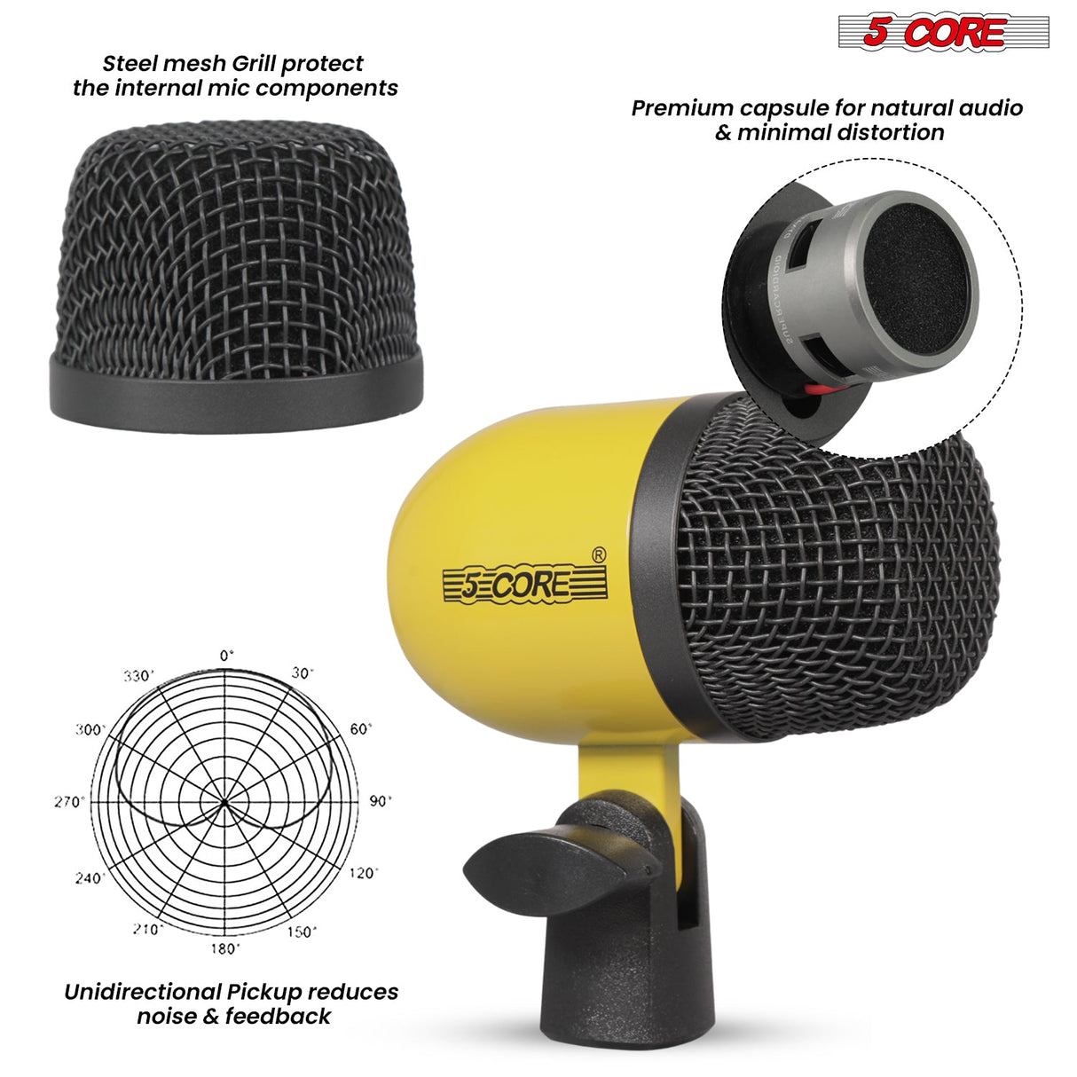 5 Core Drum Microphone Kit 7Pc All Metal Drummer Mics Tom/Snare & Cymbals Wired Instrument Drums Set