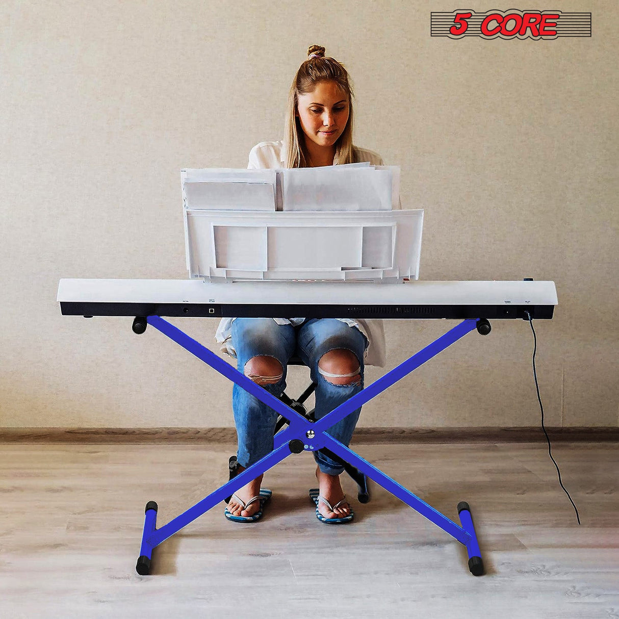 5Core Keyboard Stand Single X Style Adjustable Lift Piano Riser For 49 To 88 Keys BLUE