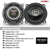 5Core Coaxial Car Door Speakers 5” 4Pcs 350W 4Ohm 2 Way Component Subwoofer Audio w Super Tweeter