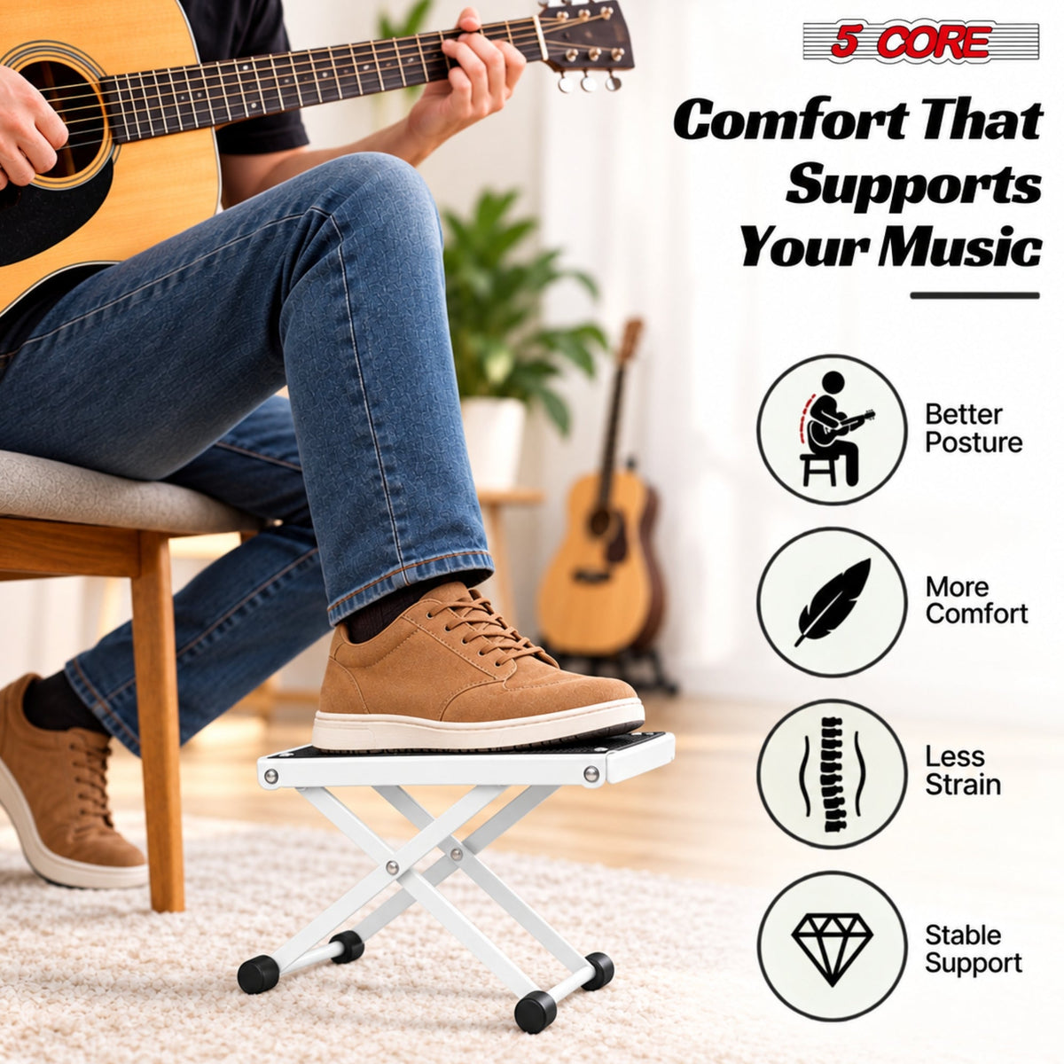 5 Core Guitar Foot Stool Metal  6-Level Adjustable Folding Leg Rest White