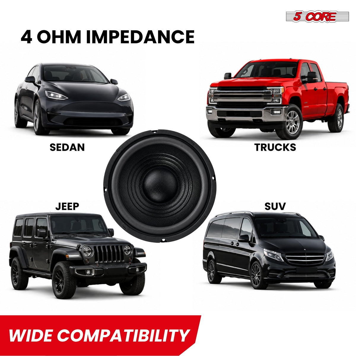 5 Core 8 Inch Car Woofer Audio 1000W 4Ohm Deep Bass Sub Woofer Loud Speaker