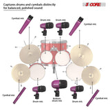 5 Core Drum Microphone Kit 9Pc All Metal Drummer Mics Tom/Snare & Cymbals Wired Instrument Drums Set