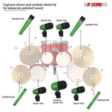 5 Core Drum Microphone Kit 9Pc All Metal Drummer Mics Tom/Snare & Cymbals Wired Instrument Drums Set