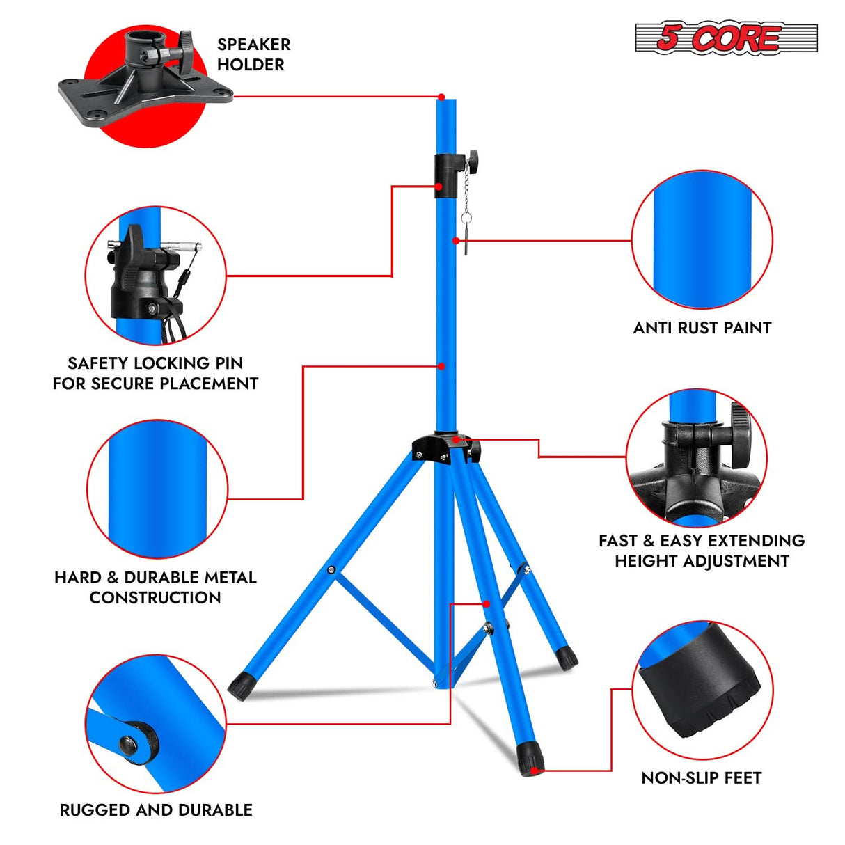 Professional speaker stand in blue by 5Core with adjustable height