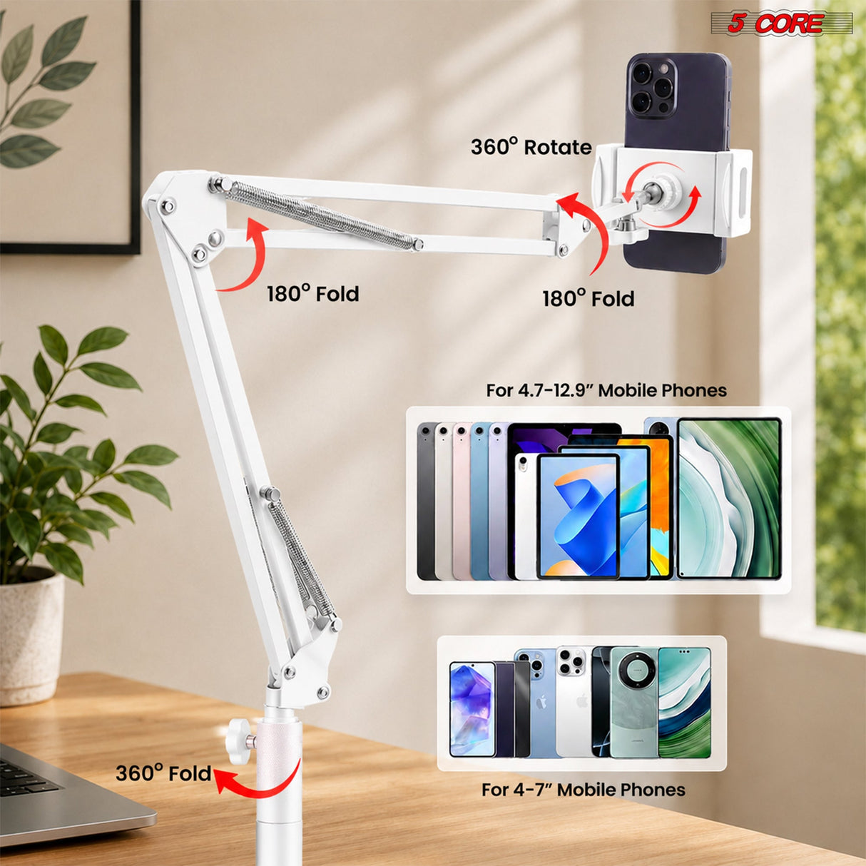 5 Core Tablet Floor Stand 360° Rotatable Adjustable Overhead Universal Bed Phone iPad Stand
