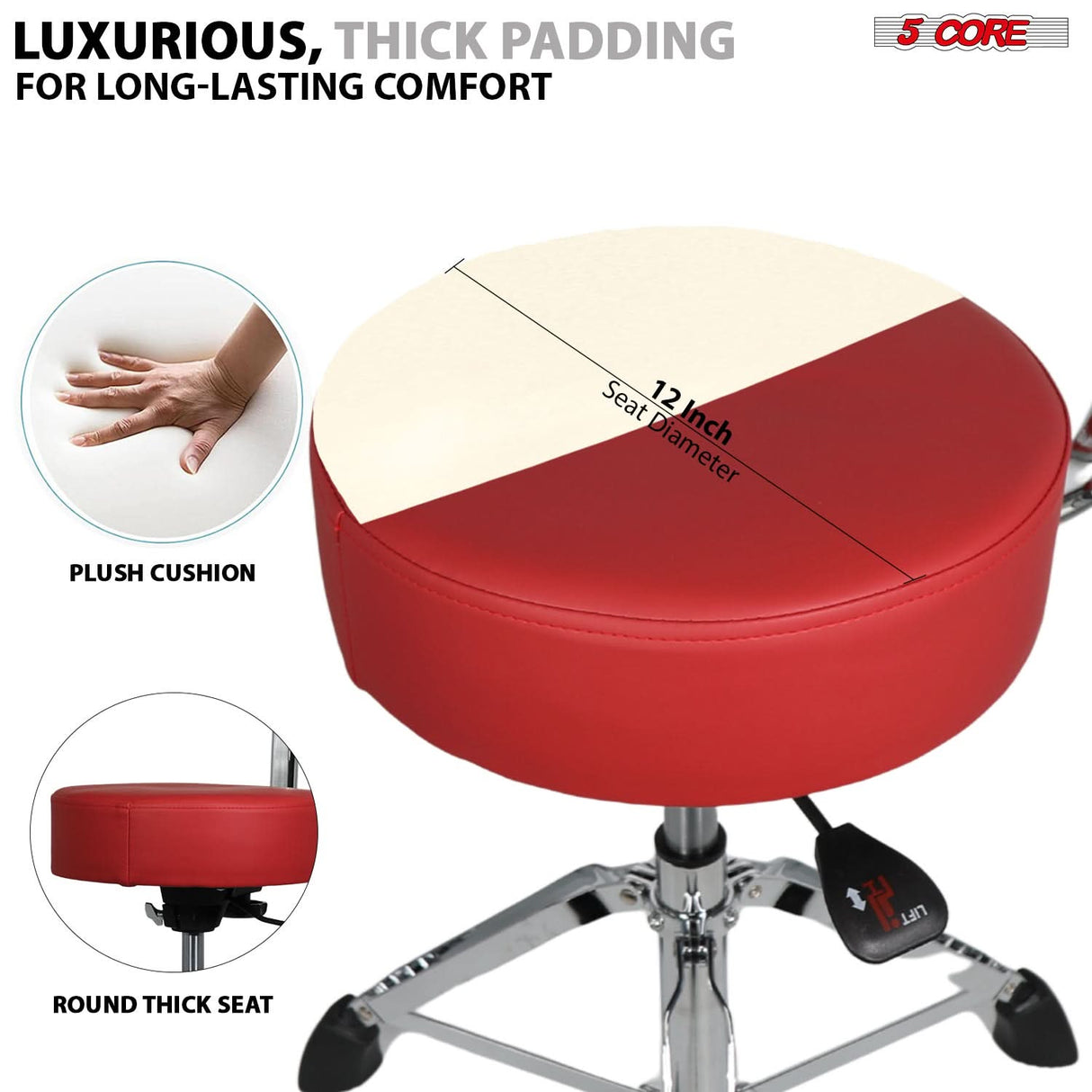 5 Core Drum Throne w Backrest 4" Padded Stool Airlift Adjustable 25.5" Drummer Chair 441Lb Capacity