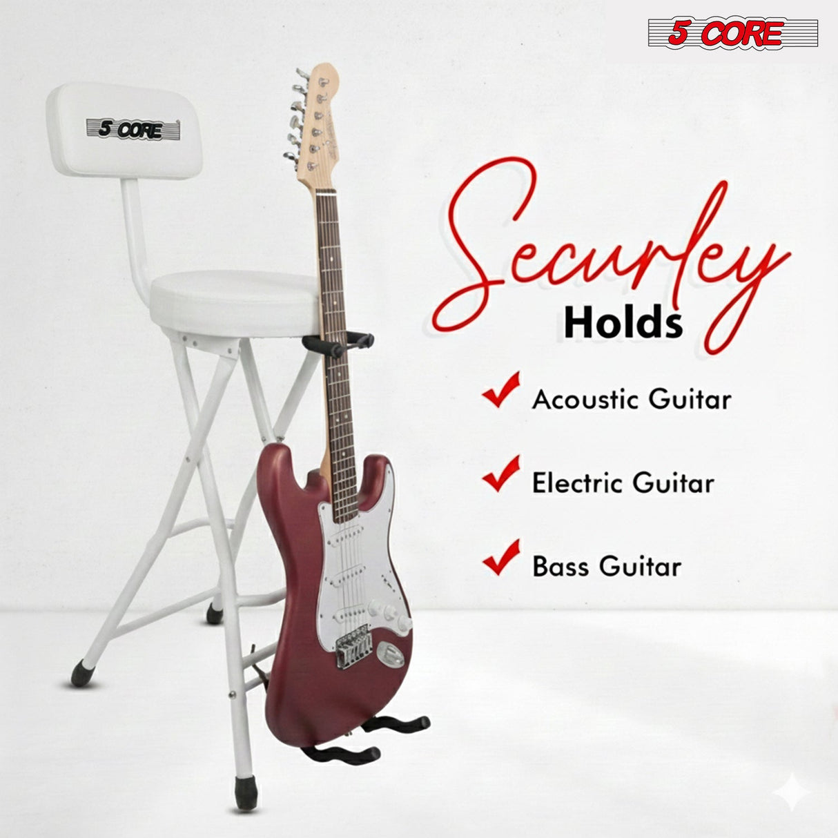 5 Core Guitar Stool w Backrest 3.15" Padded Chair Foldable Music Seat Built in Foot Rest Guitar Stand