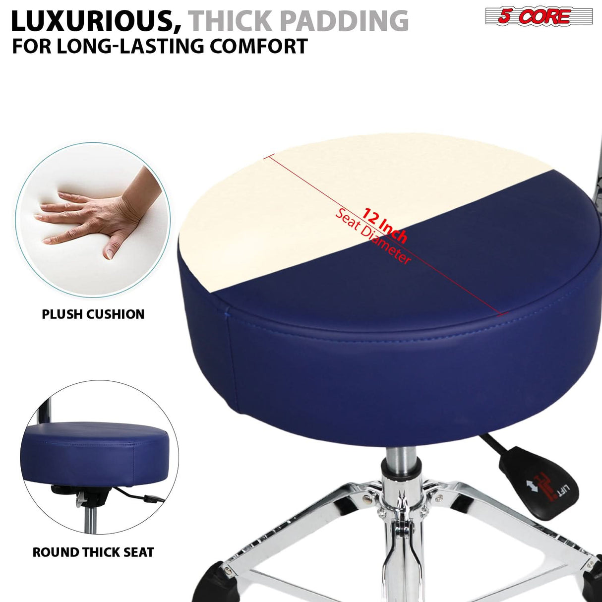 5 Core Drum Throne w Backrest 4" Padded Stool Airlift Adjustable Drummer Chair