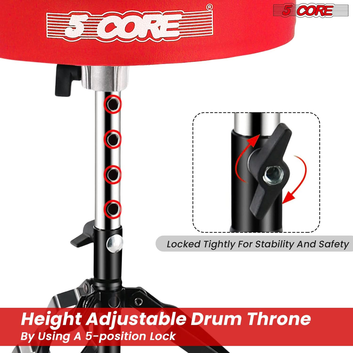 5 Core Drum Throne 3" Padded Drum Seat Height Adjustable Drumming Chair for Practice and Performance