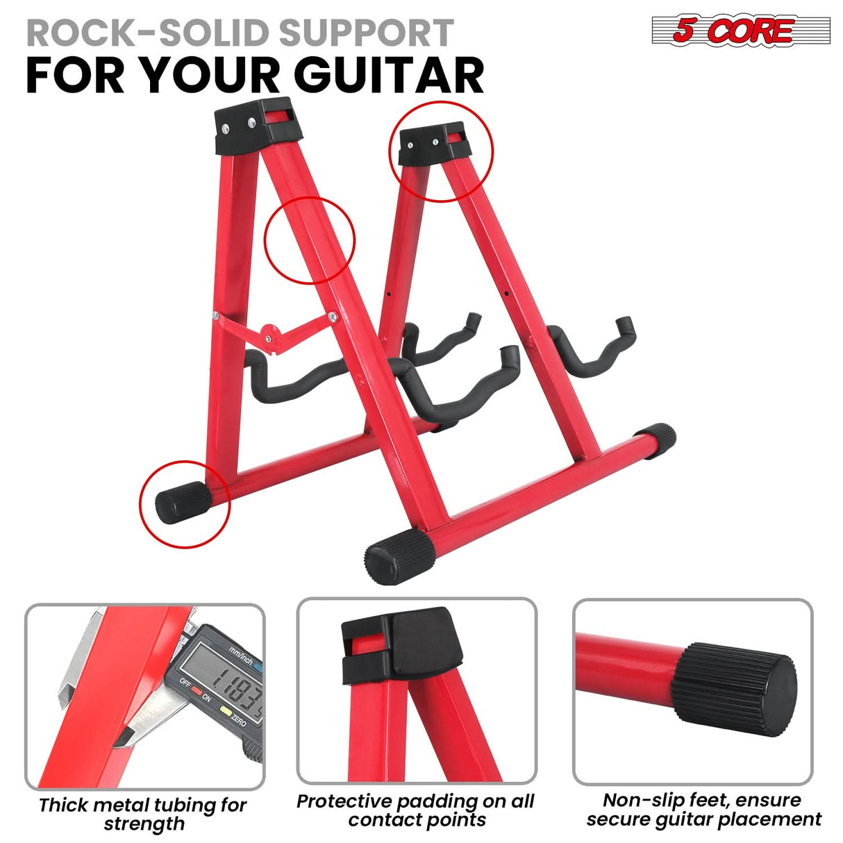 5 Core Double Guitar Stand A Frame Shape w Foam Arms Supports Acoustic Electric Bass Ukulele Banjo