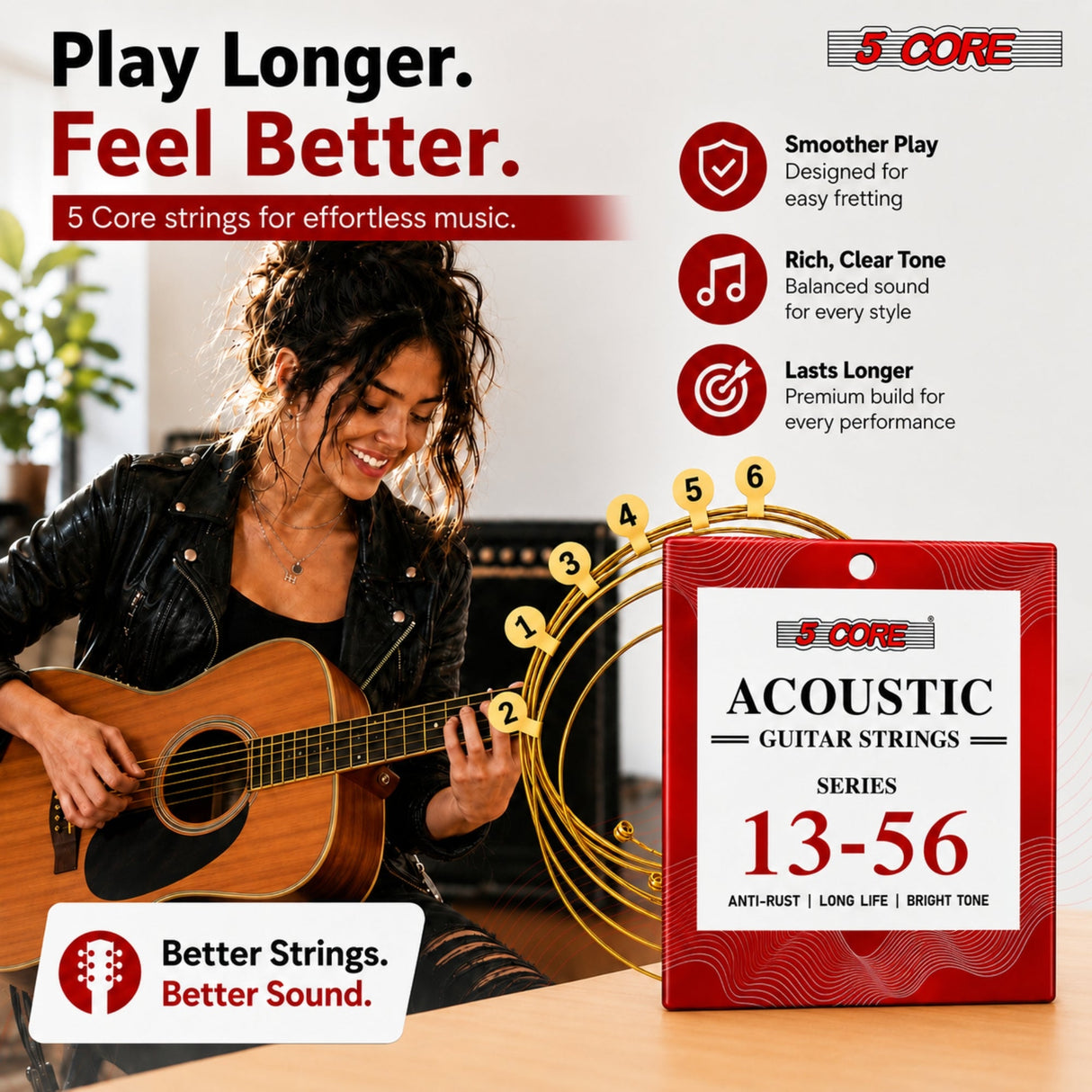 5 Core Acoustic Guitar 6 String Set Medium Gauge Steel Carbon Core Bright Powerful Tone Heavy Duty