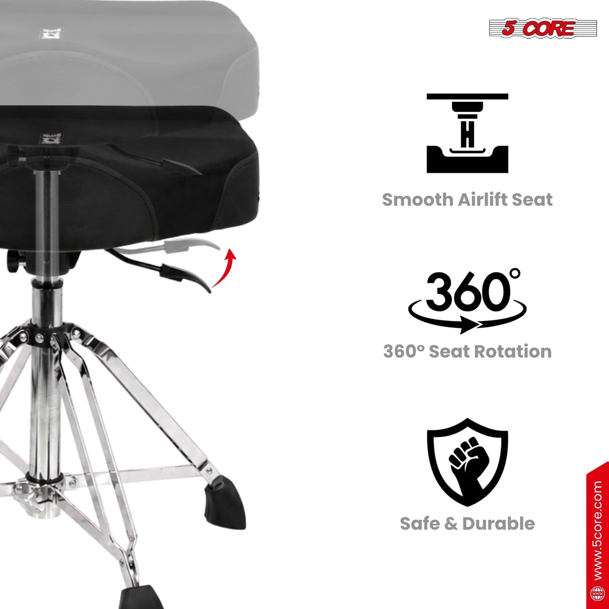 5 Core Drum Throne w Backrest 4" Padded Stool Airlift Adjustable Drummer Chair