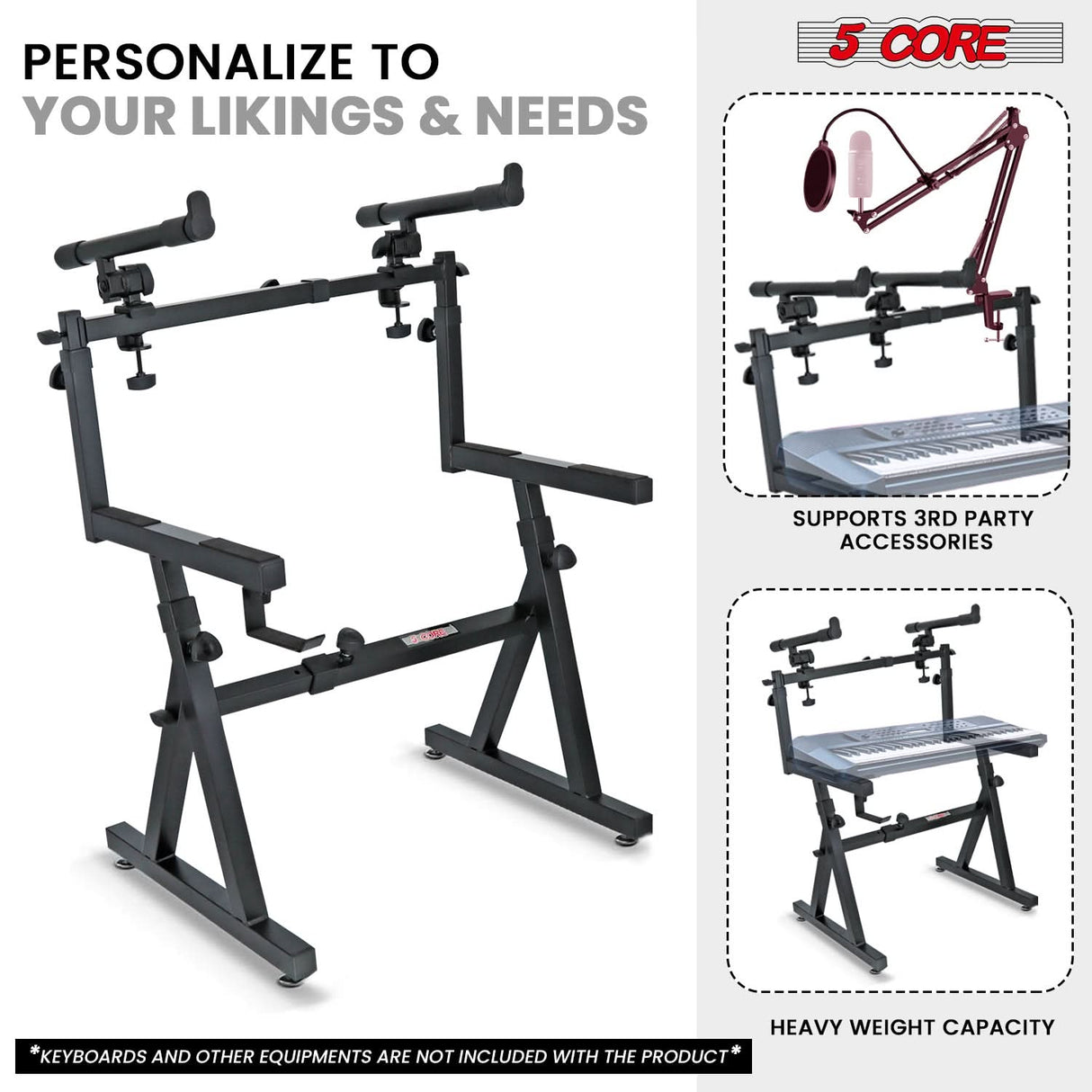 5Core Piano Keyboard Stand Z Style Heavy Duty 2 Tier Stands w Adjustable Arm Fits 54 61 88 Key Board
