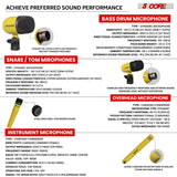 5 Core Drum Microphone Kit 9Pc All Metal Drummer Mics Tom/Snare & Cymbals Wired Instrument Drums Set