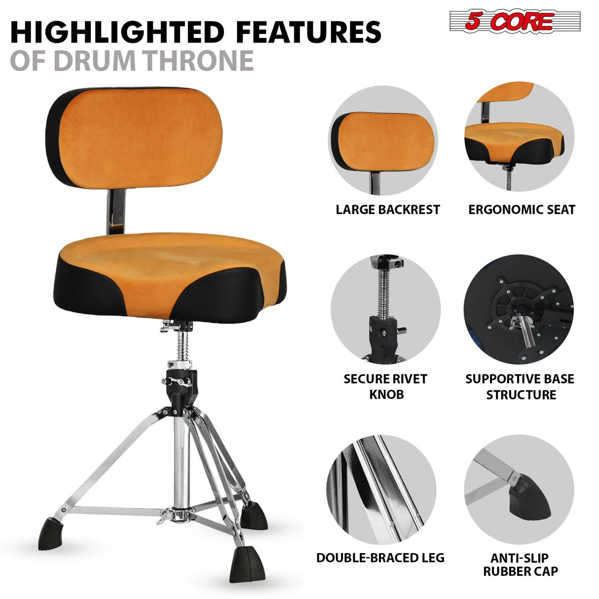 5 Core Drum Throne w Backrest 4" Padded Adjustable 26.5" Drummer Stool w Velvet Top 441Lb Capacity