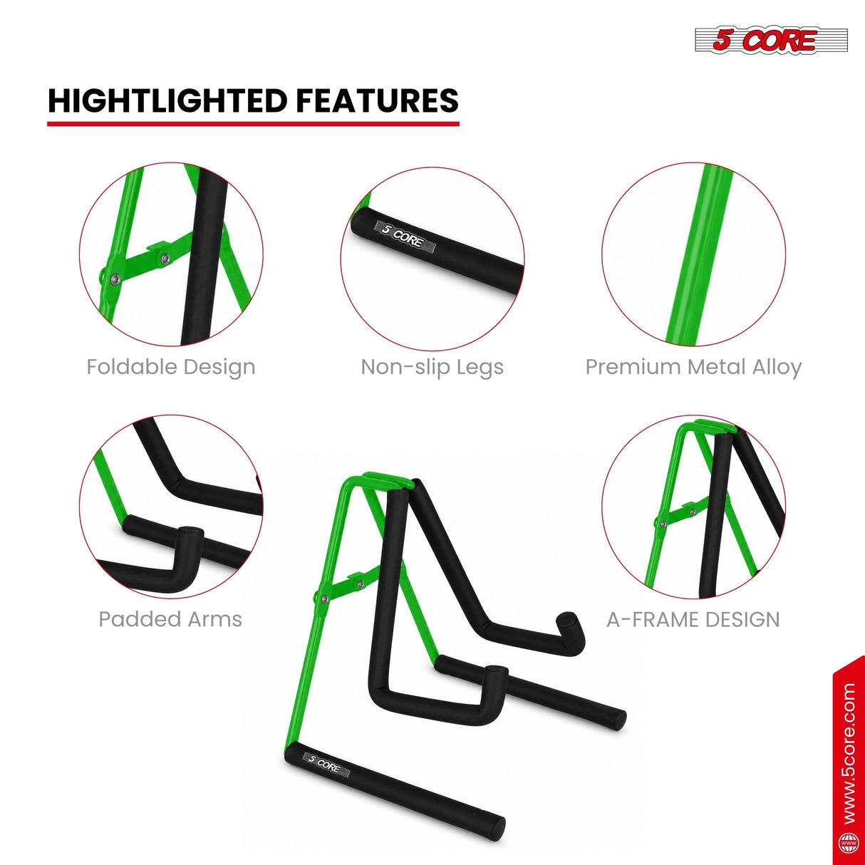 5 Core Ukulele Stand A Frame Metal Body w Soft Padded Arms Support Banjo Ukuleles Mini Guitar Violin Green